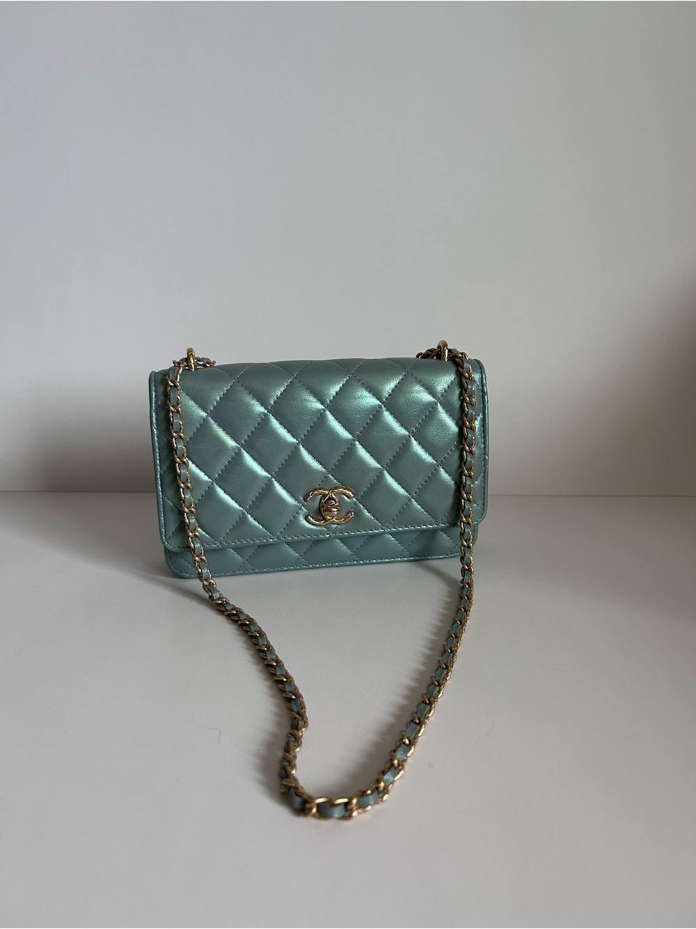 CHANEL Quilted Crossbody Bag in Mint Green with Gold Chain